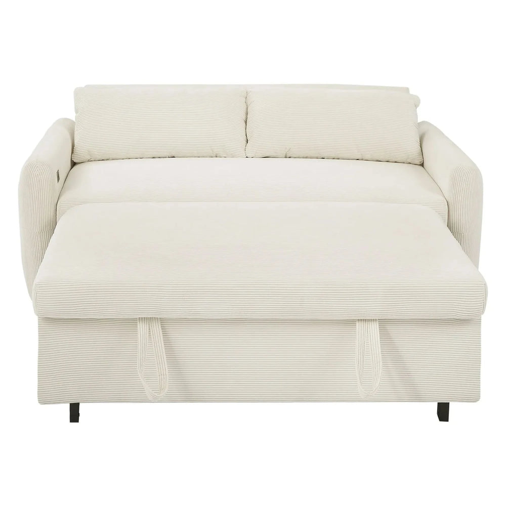 Convertible Sofa Bed Corduroy Beige With USB Ports Removable Pillows Media 16
