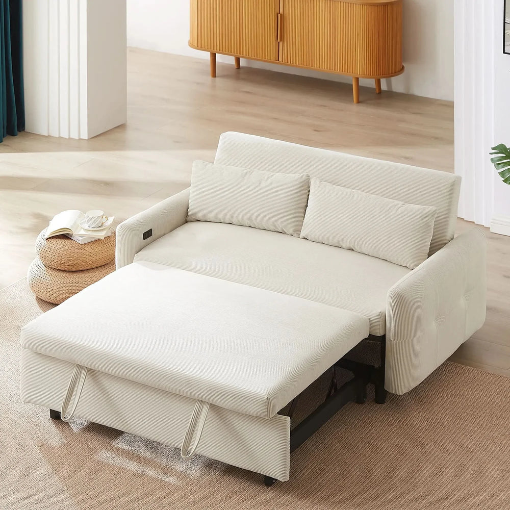 Convertible Sofa Bed Corduroy Beige With USB Ports Removable Pillows Media 2