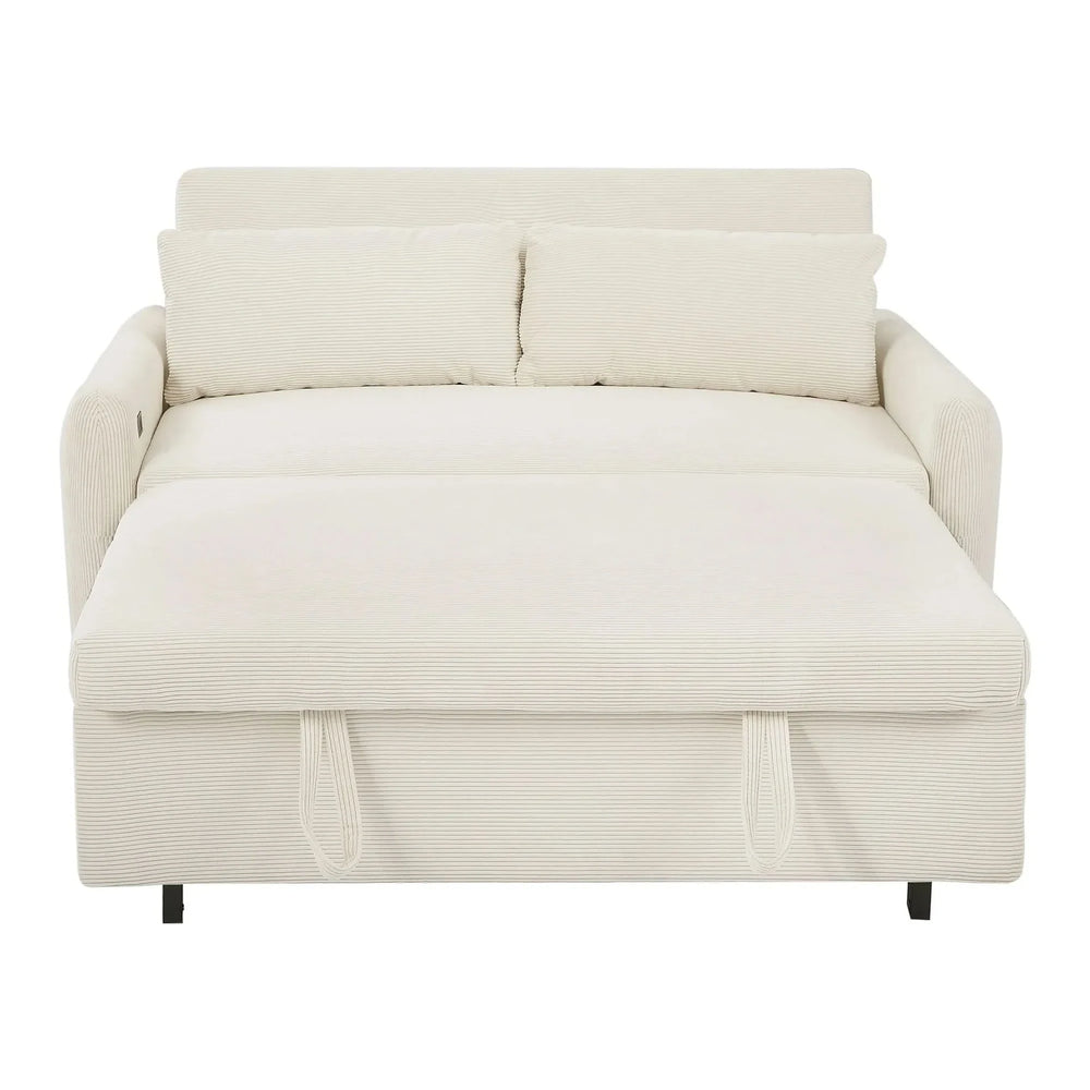 Convertible Sofa Bed Corduroy Beige With USB Ports Removable Pillows Media 15