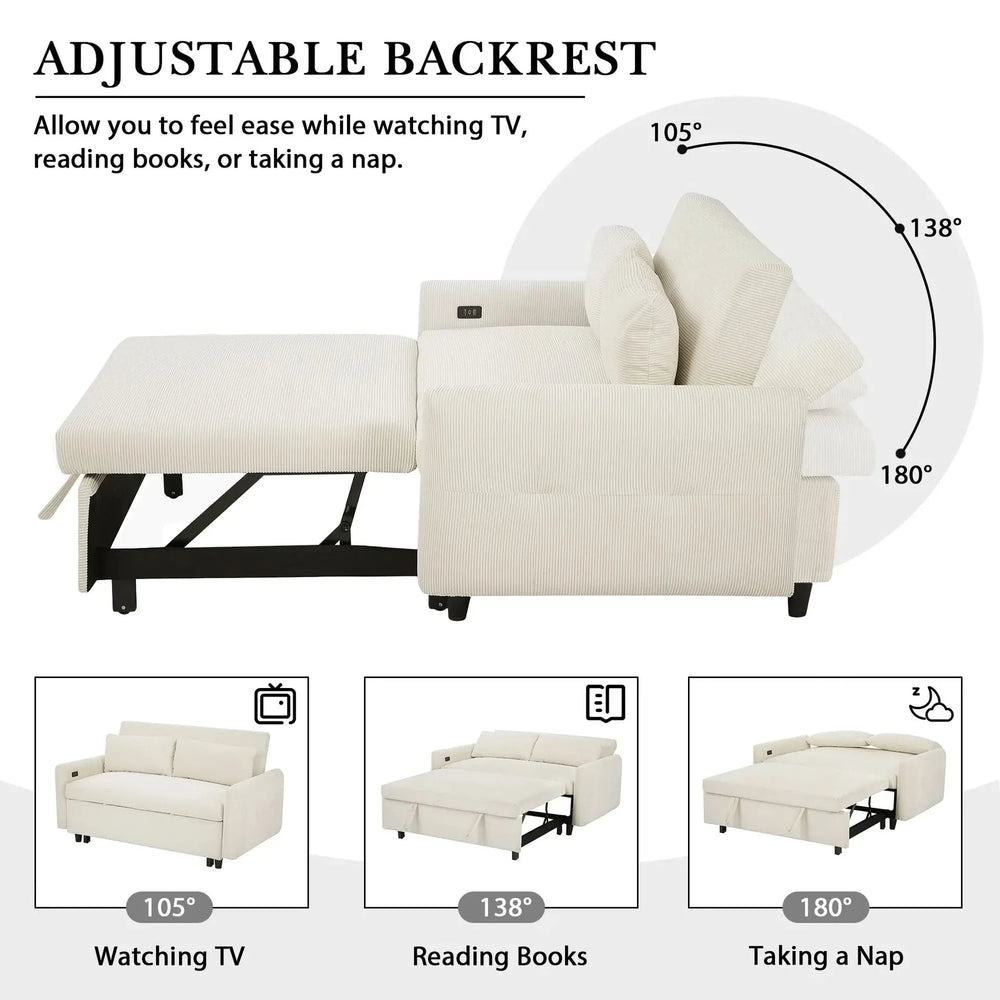 Convertible Sofa Bed Corduroy Beige With USB Ports Removable Pillows Media 4