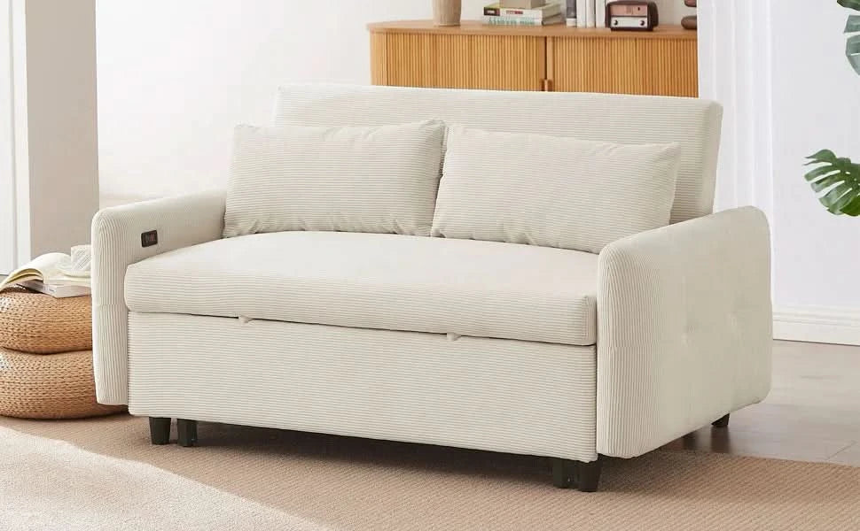 Convertible Sofa Bed Corduroy Beige With USB Ports Removable Pillows Media 32