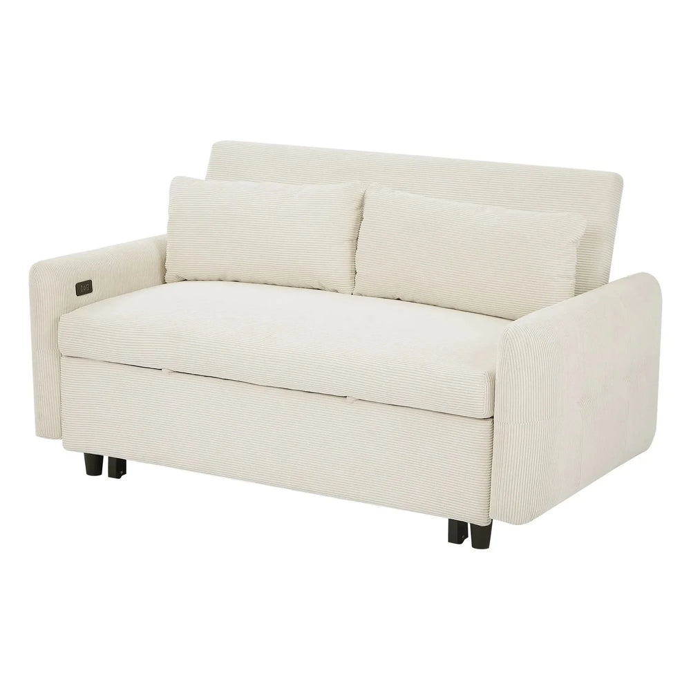 Convertible Sofa Bed Corduroy Beige With USB Ports Removable Pillows Media 1