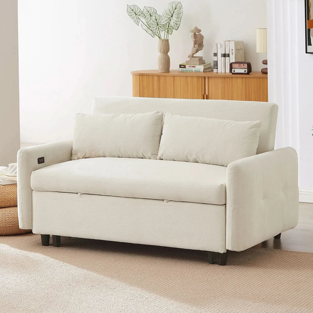 Convertible Sofa Bed Corduroy Beige With USB Ports Removable Pillows Media 10