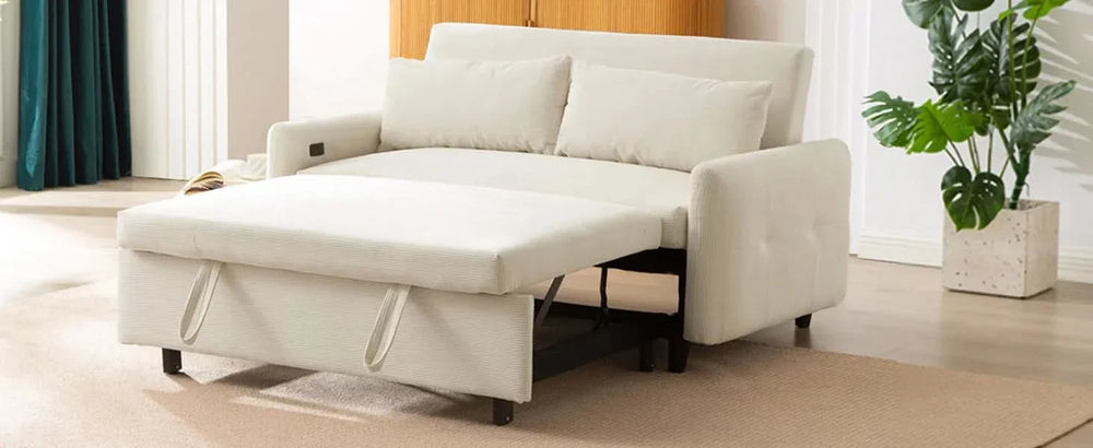 Convertible Sofa Bed Corduroy Beige With USB Ports Removable Pillows Media 38