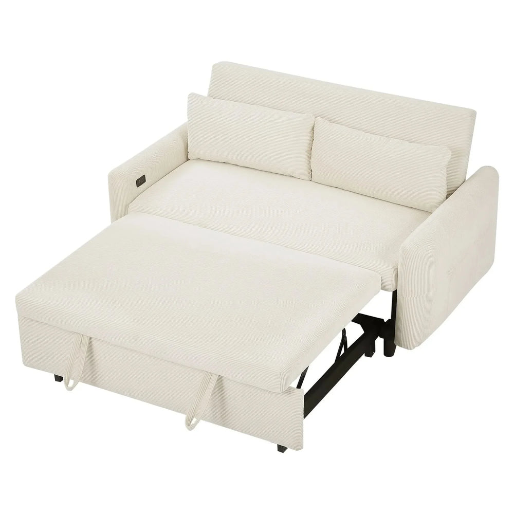 Convertible Sofa Bed Corduroy Beige With USB Ports Removable Pillows Media 20