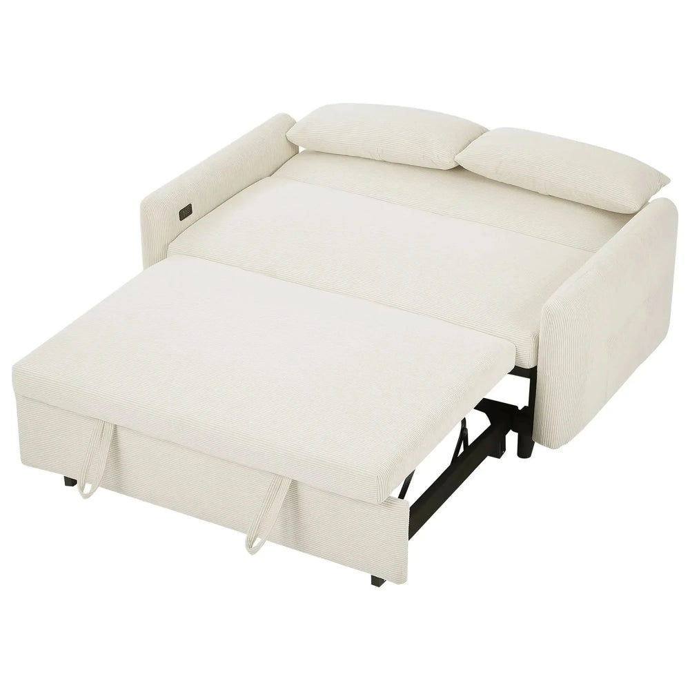 Convertible Sofa Bed Corduroy Beige With USB Ports Removable Pillows Media 24