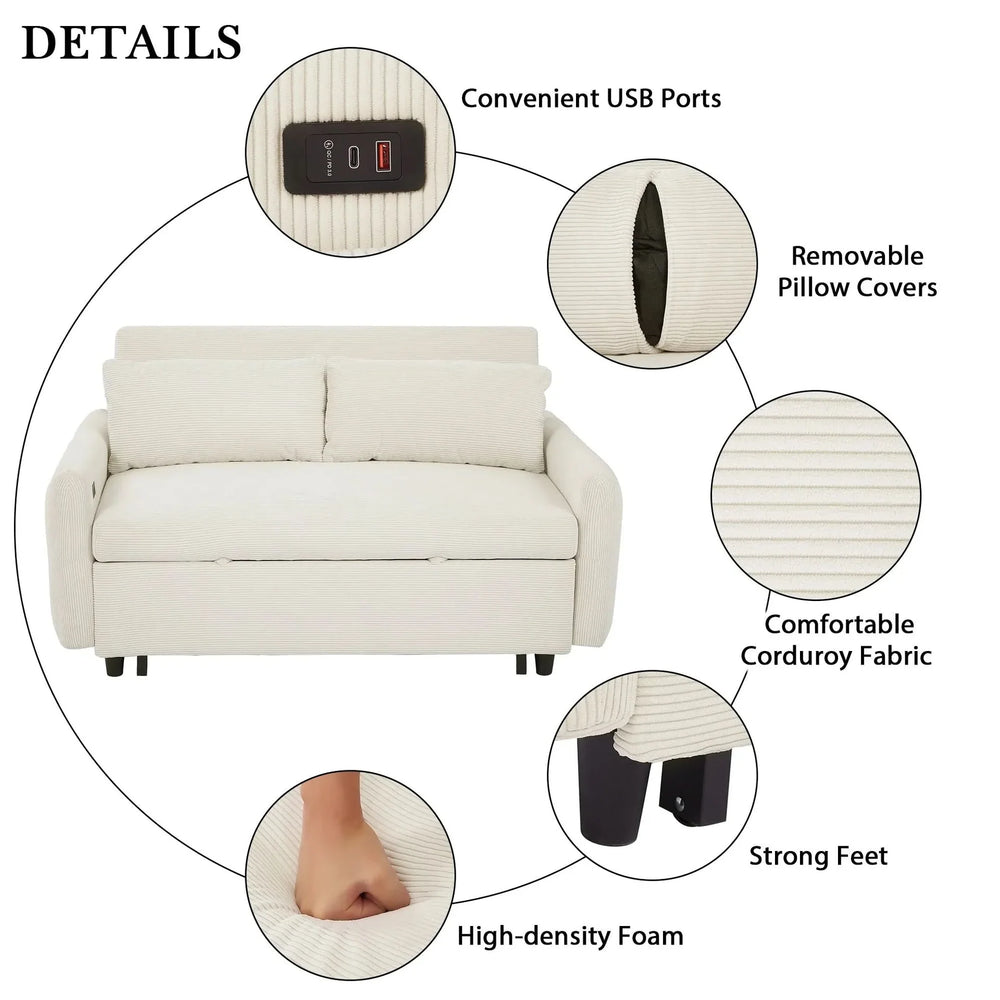 Convertible Sofa Bed Corduroy Beige With USB Ports Removable Pillows Media 6