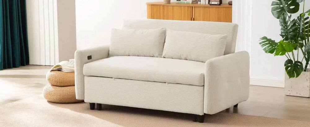 Convertible Sofa Bed Corduroy Beige With USB Ports Removable Pillows Media 37