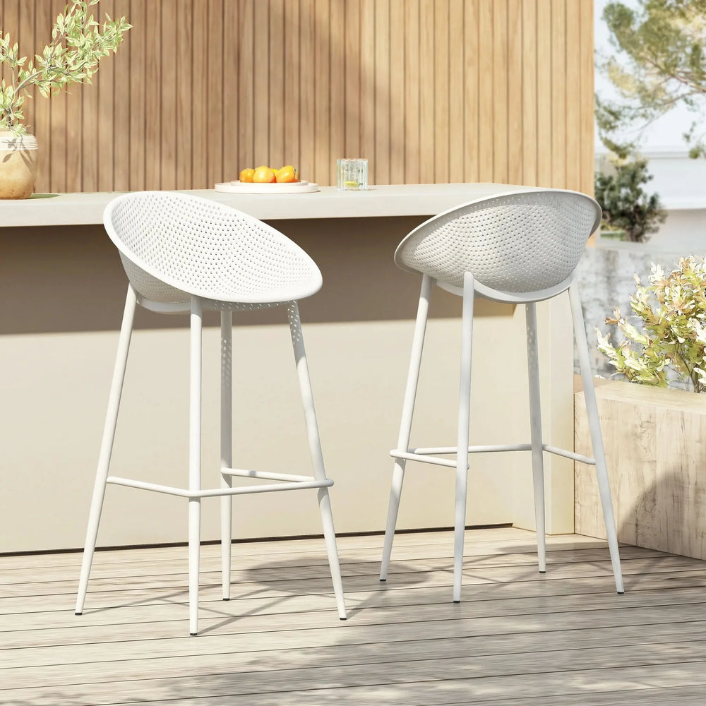 Modern Gable Outdoor Barstool Set of 2 with Weather-Resistant Plastic and Iron in White - DTY Store