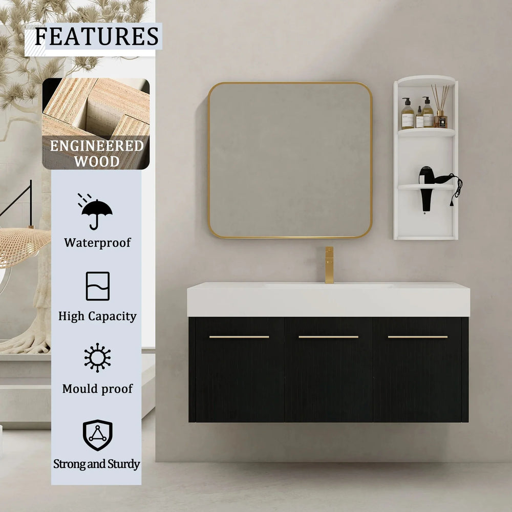 Modern Style 48 Inch Wall-Mounted Bathroom Vanity with Thick Edged Resin Basin and Storage Rack, Black Chestnut Plywood - DTY Store