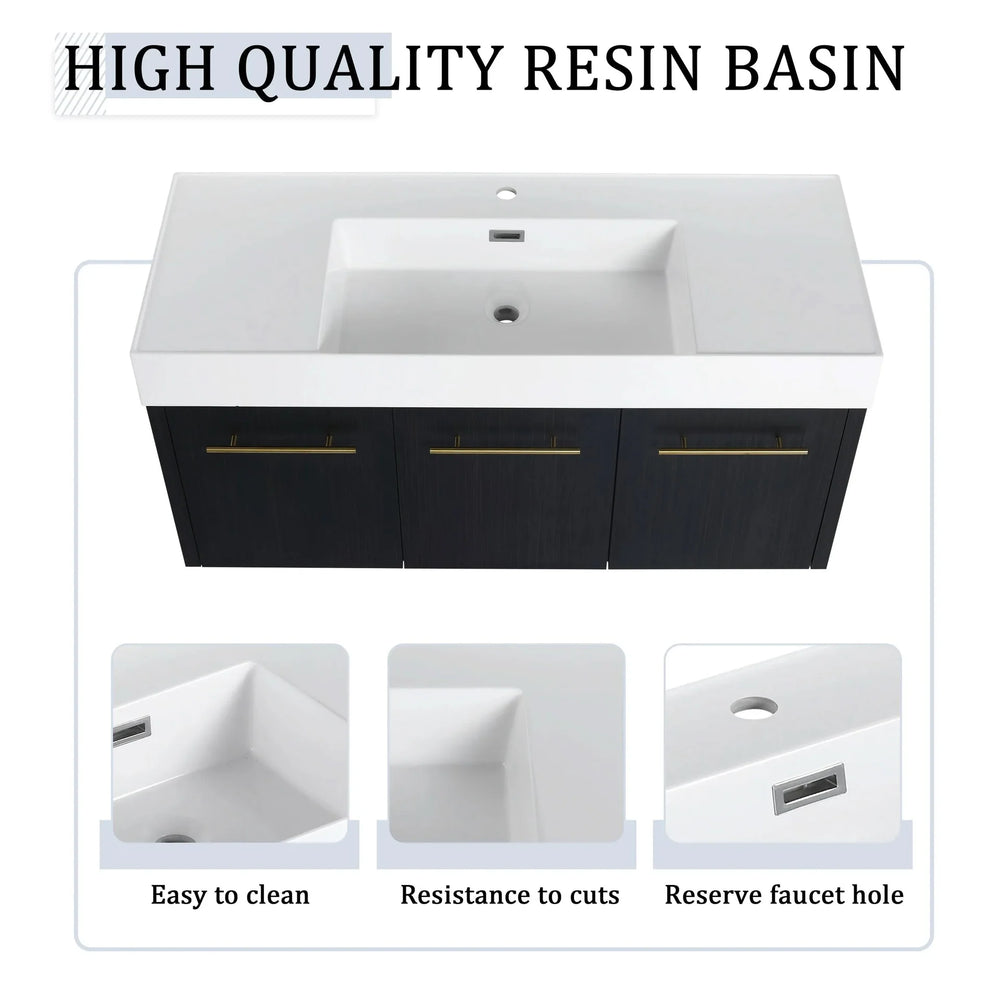 Modern Style 48 Inch Wall-Mounted Bathroom Vanity with Thick Edged Resin Basin and Storage Rack, Black Chestnut Plywood - DTY Store