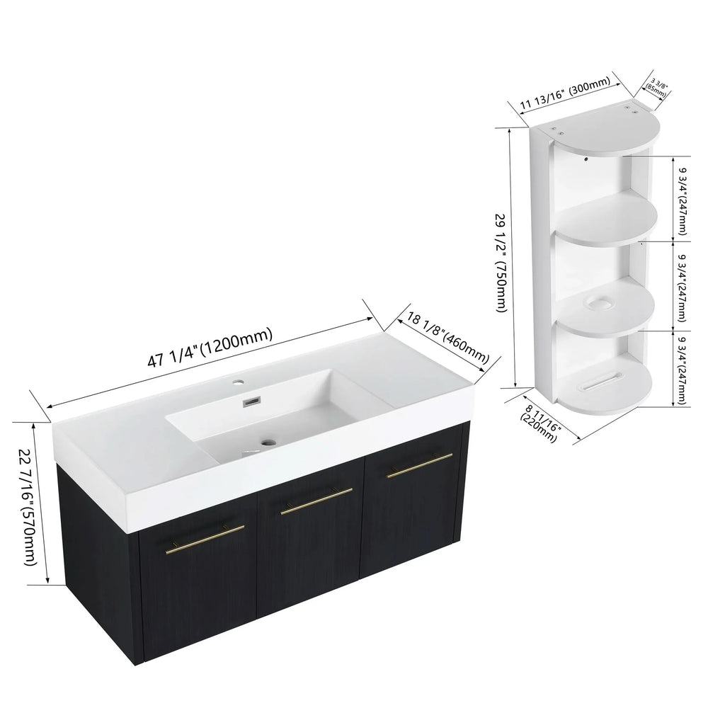 Modern Style 48 Inch Wall-Mounted Bathroom Vanity with Thick Edged Resin Basin and Storage Rack, Black Chestnut Plywood - DTY Store