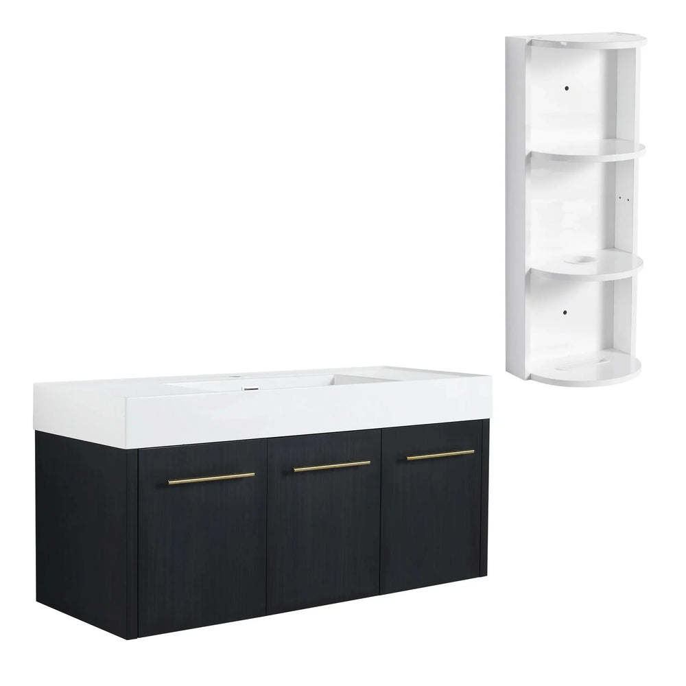 Modern Style 48 Inch Wall-Mounted Bathroom Vanity with Thick Edged Resin Basin and Storage Rack, Black Chestnut Plywood - DTY Store