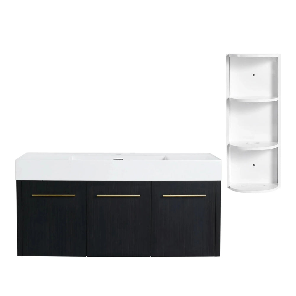 Modern Style 48 Inch Wall-Mounted Bathroom Vanity with Thick Edged Resin Basin and Storage Rack, Black Chestnut Plywood - DTY Store