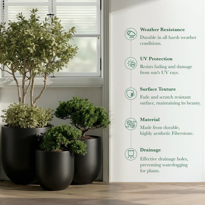 DTY Signature Mount Antero 19.7''D x 19.7''H Modern Indoor Outdoor Fiberstone Bullet Shaped Planter, Durable Round Garden Pot, Weather Resistant, Drainage Hole & Rubber Plug - Large, Gray