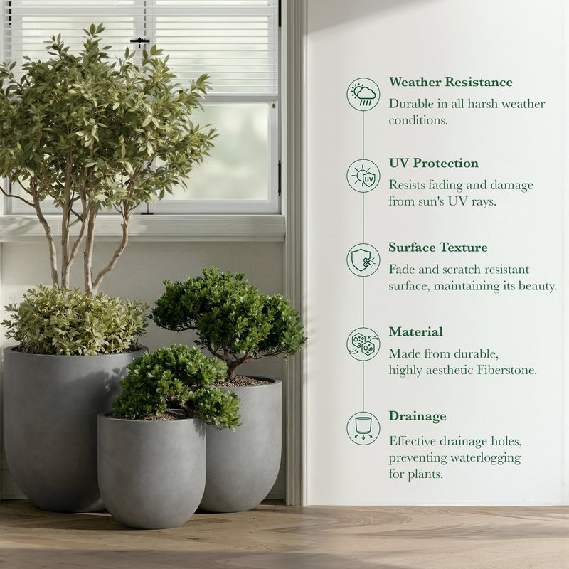 DTY Signature Mount Antero 19.7''D x 19.7''H Modern Indoor Outdoor Fiberstone Bullet Shaped Planter, Durable Round Garden Pot, Weather Resistant, Drainage Hole & Rubber Plug - Large, Gray