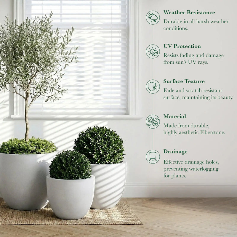 DTY Mount Belford 17.3'' D x 14.8'' H (Pot Opening 15.7") Fiberstone Egg Shaped Planter with Drainage Hole, Smooth Finishes, Weather Resistant for Indoor and Outdoor, 2 Extra Coco Mats - Large, White