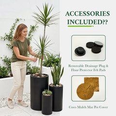 DTY Mount Oxford 15.7" D x 31.5" H (Pot Opening 11.0") Fiberstone Tall Planter with Drainage Hole, Weather Resistant for Indoor and Outdoor, 2 Extra Coco Mats - Black, Large perspective