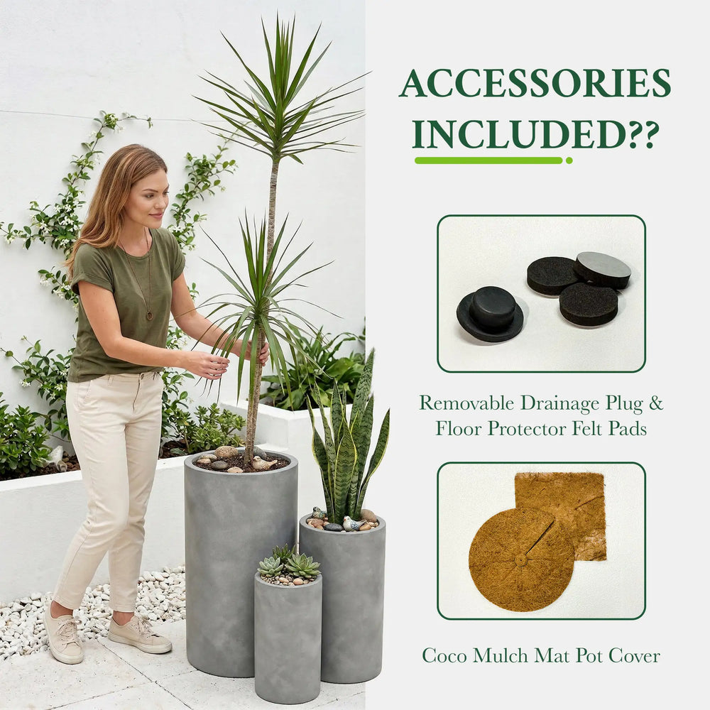 DTY Mount Oxford 15.7" D x 31.5" H (Pot Opening 11.0") Fiberstone Tall Planter with Drainage Hole, Weather Resistant for Indoor and Outdoor, 2 Extra Coco Mats - Black, Large