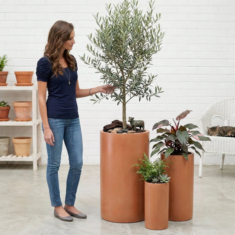 DTY Mount Oxford 15.7" D x 31.5" H (Pot Opening 11.0") Fiberstone Tall Planter with Drainage Hole, Weather Resistant for Indoor and Outdoor, 2 Extra Coco Mats - Black, Large