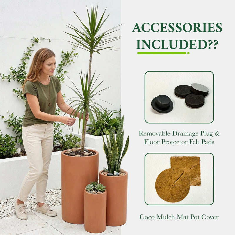 DTY Mount Oxford 15.7" D x 31.5" H (Pot Opening 11.0") Fiberstone Tall Planter with Drainage Hole, Weather Resistant for Indoor and Outdoor, 2 Extra Coco Mats - Black, Large