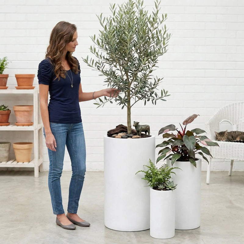 DTY Mount Oxford 15.7" D x 31.5" H (Pot Opening 11.0") Fiberstone Tall Planter with Drainage Hole, Weather Resistant for Indoor and Outdoor, 2 Extra Coco Mats - Black, Large