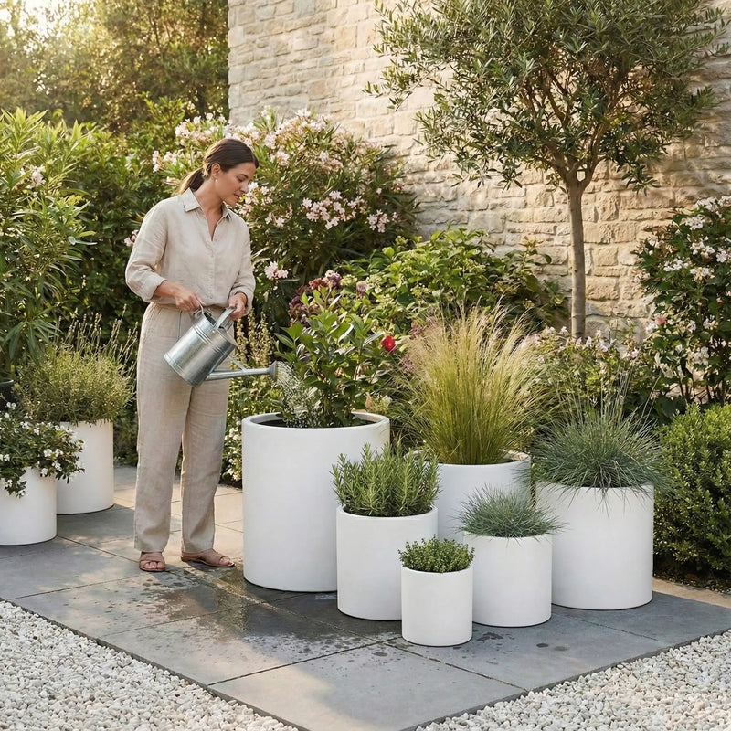 DTY Mount Powell 7.9" D x 7.9" H (Pot Opening 5.5") Fiberstone Cylindrical Planter with Drainage Hole, Weather Resistant for Indoor & Outdoor Use, Includes 2 Extra Coco Mats - Black, Extra Small