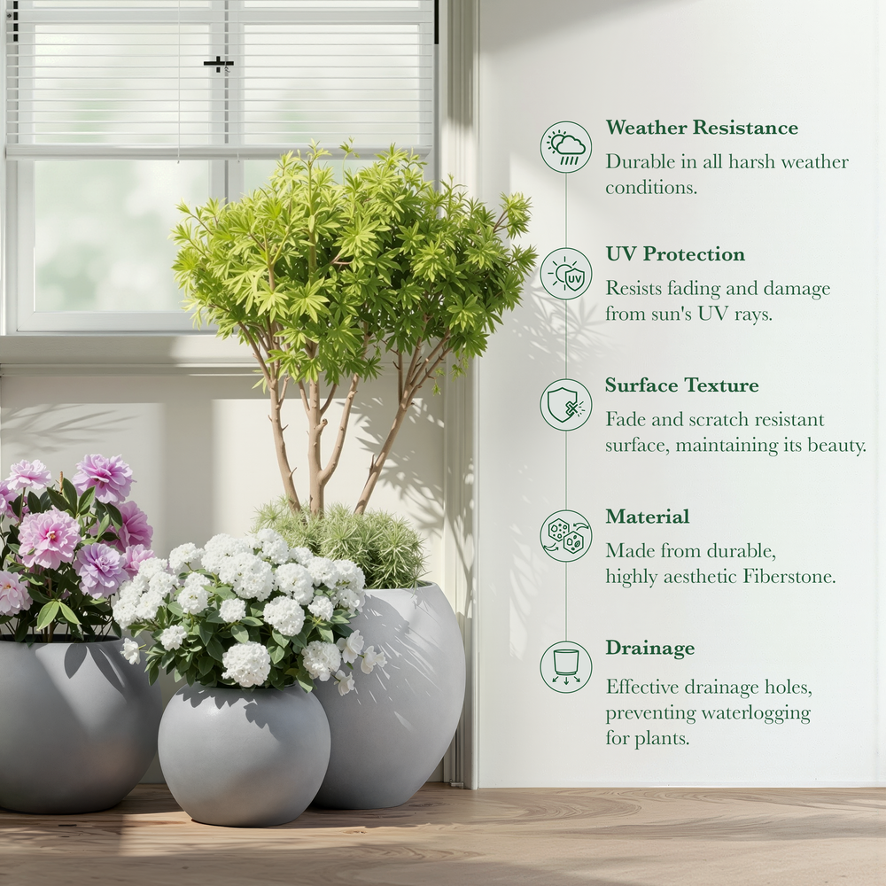 Fiberstone Round Planter Open Top Sphere Indoor Outdoor Weatherproof Media 16