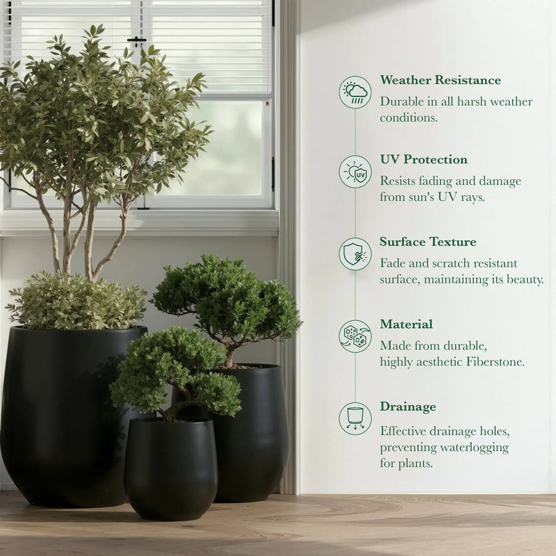 DTY Signature Mount Wilson Modern Indoor Outdoor Fiberstone Tapered Planter, Lightweight, Weather Resistant Garden Pot with Drainage Hole & Rubber Plug (Black, 11'' D x 12'' H)