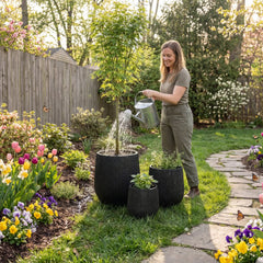 DTY Signature Mount Wilson Modern Indoor Outdoor Fiberstone Tapered Planter, Lightweight, Weather Resistant Garden Pot with Drainage Hole & Rubber Plug (Black, 11'' D x 12'' H) perspective