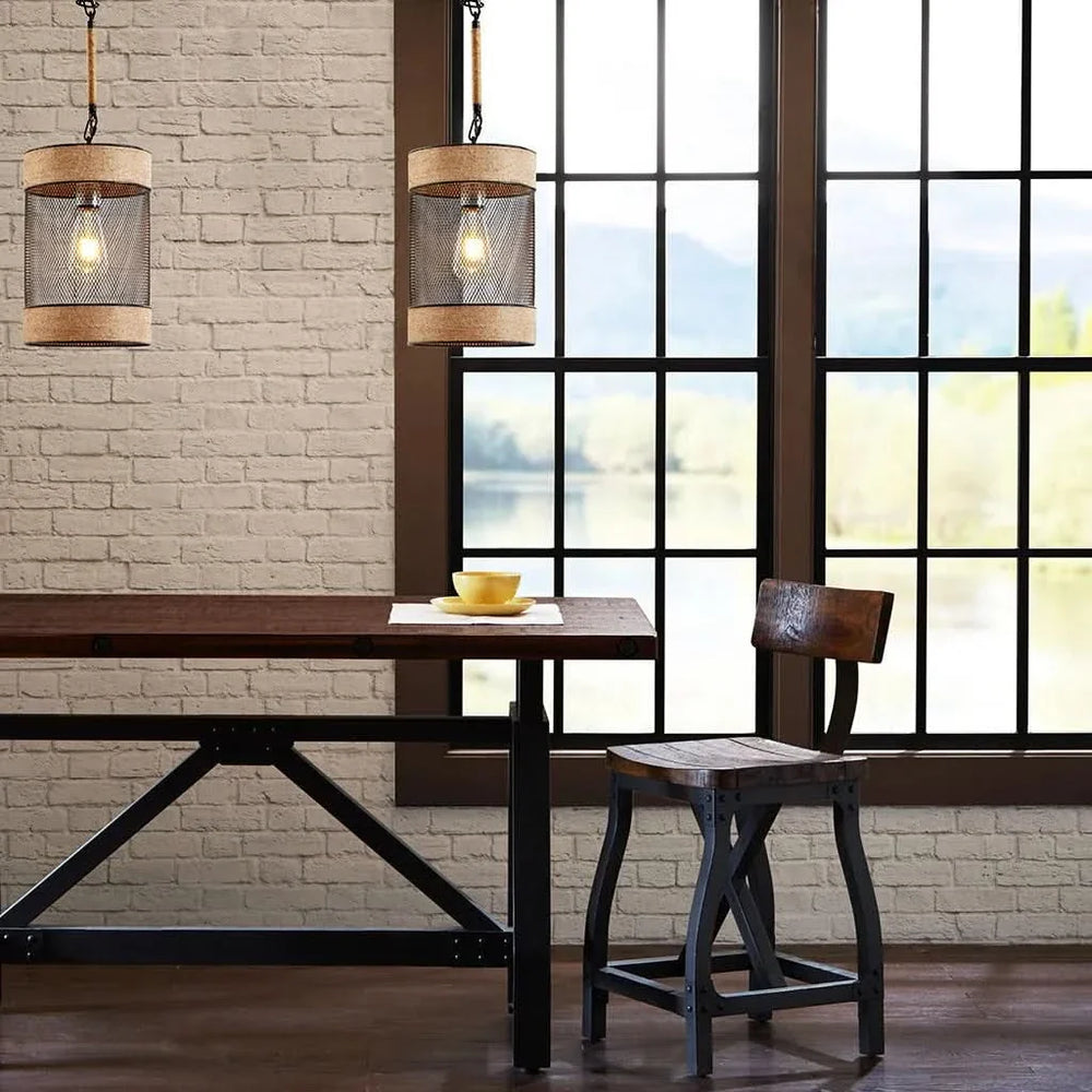 Pendant Light Natural Rope & Metal Mesh Iron Cylinder Industrial Style Media 4