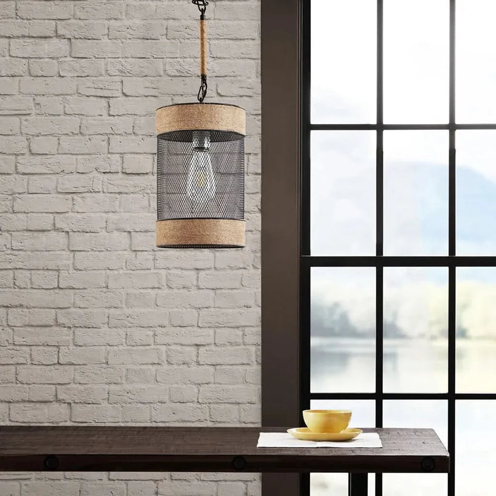 Pendant Light Natural Rope & Metal Mesh Iron Cylinder Industrial Style Media 1