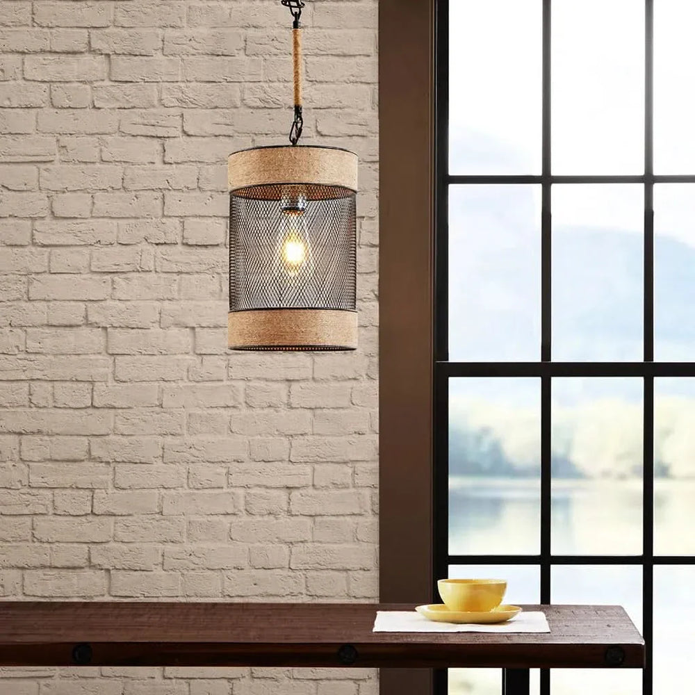 Pendant Light Natural Rope & Metal Mesh Iron Cylinder Industrial Style Media 2