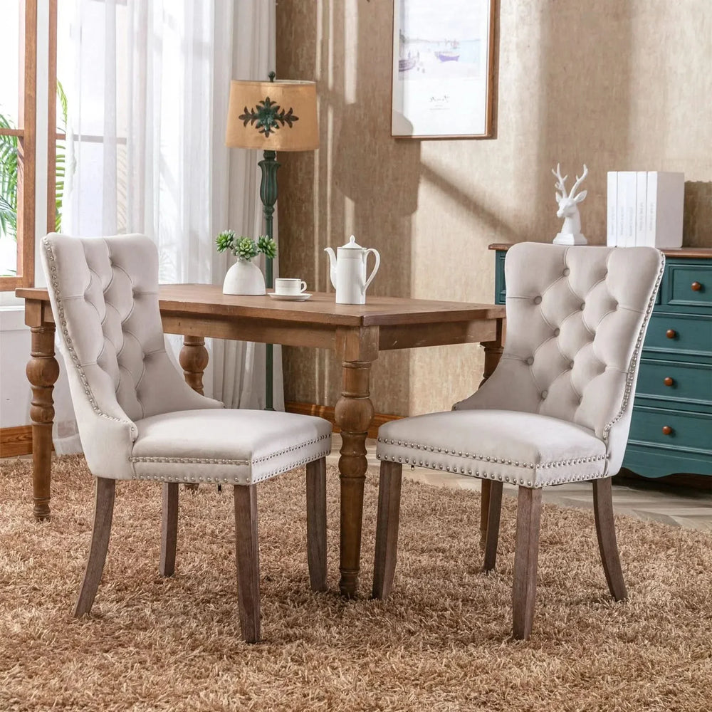 Velvet Dining Chair Tufted Solid Wood Frame Nailhead Trim Beige 2-Pcs Set Media 1