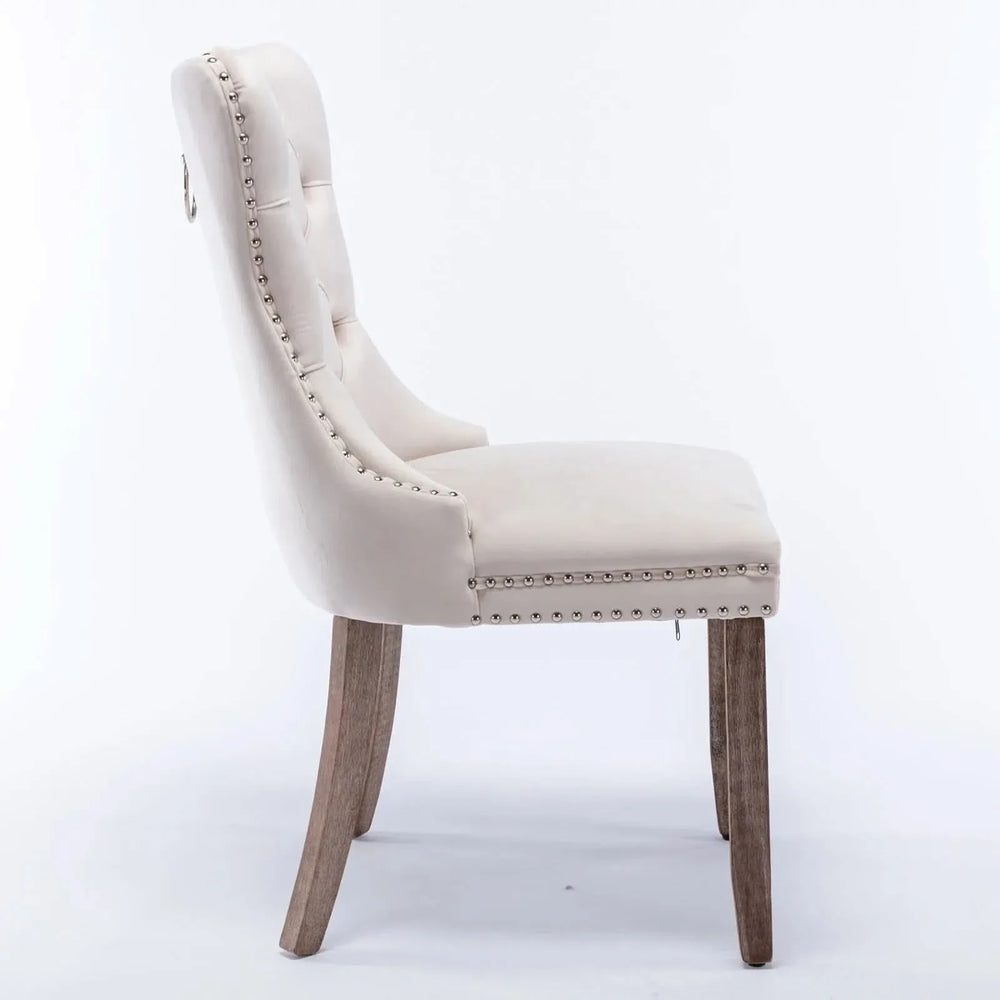 Velvet Dining Chair Tufted Solid Wood Frame Nailhead Trim Beige 2-Pcs Set Media 4