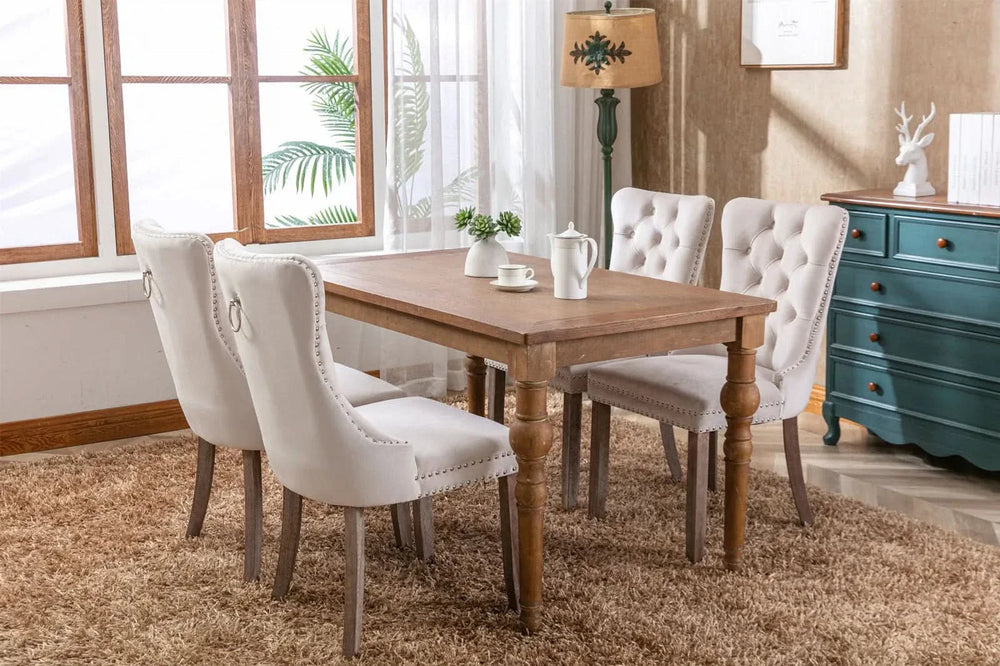 Velvet Dining Chair Tufted Solid Wood Frame Nailhead Trim Beige 2-Pcs Set Media 14