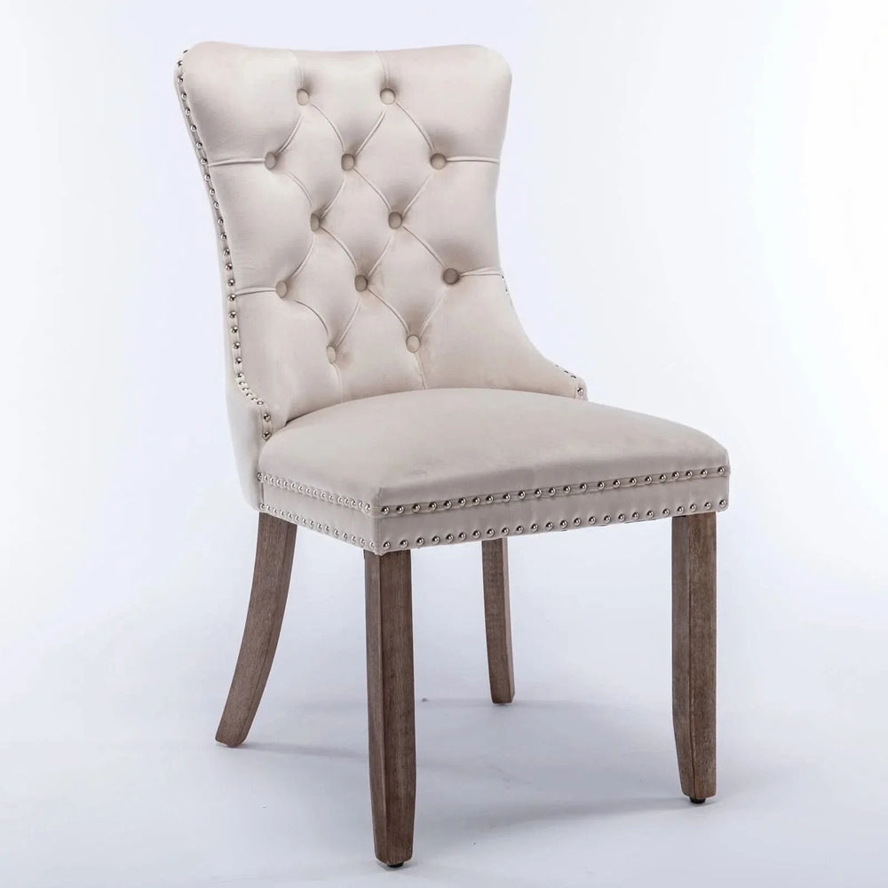 Velvet Dining Chair Tufted Solid Wood Frame Nailhead Trim Beige 2-Pcs Set Media 3