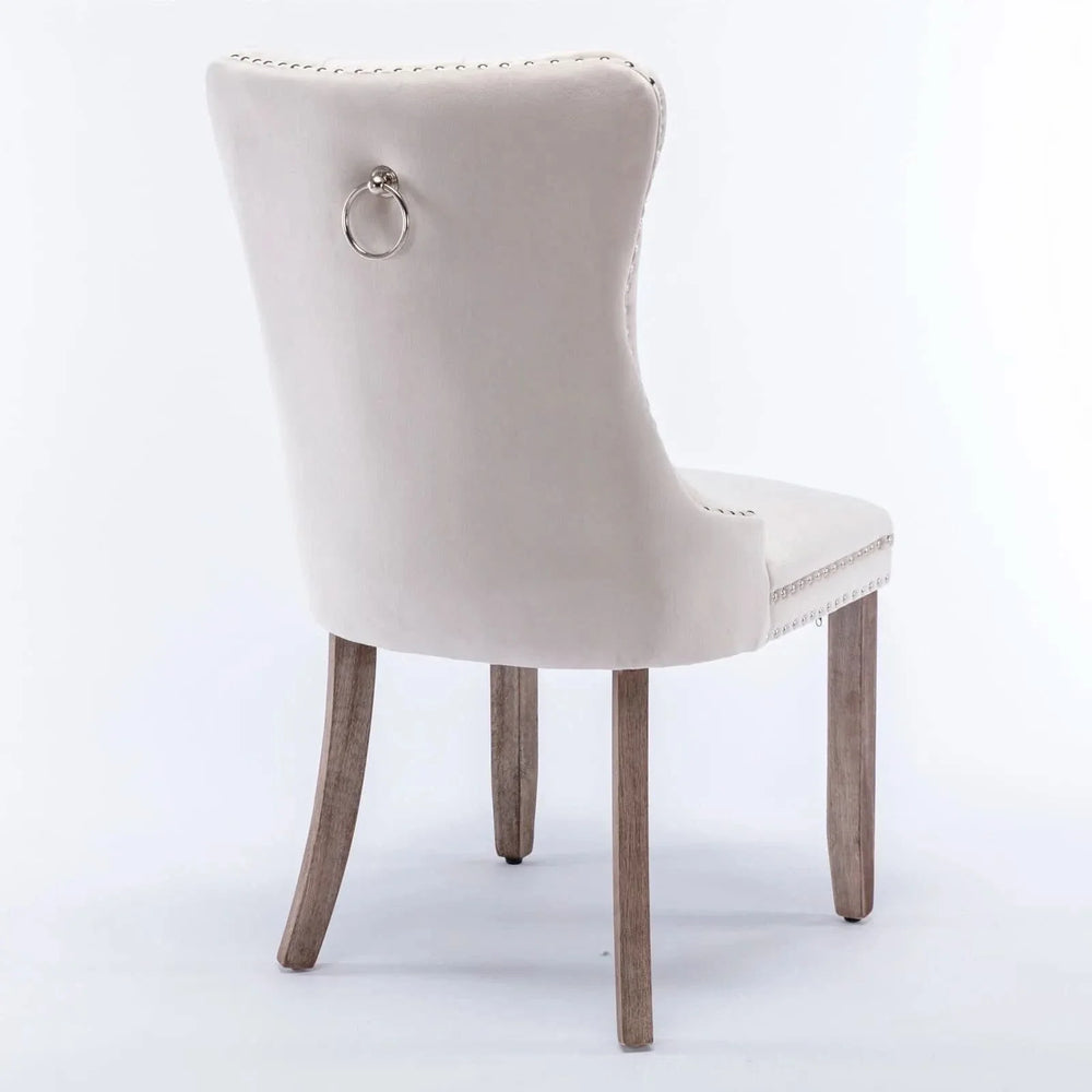 Velvet Dining Chair Tufted Solid Wood Frame Nailhead Trim Beige 2-Pcs Set Media 5