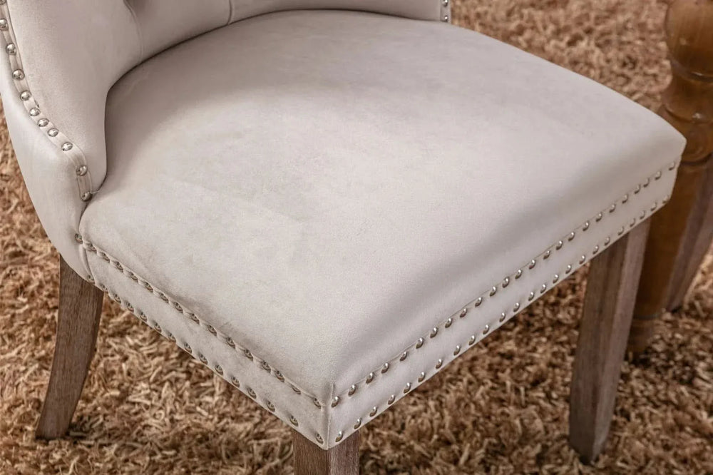 Velvet Dining Chair Tufted Solid Wood Frame Nailhead Trim Beige 2-Pcs Set Media 8