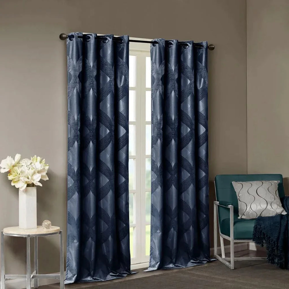 Total Blackout Curtain Panel Ogee Jacquard Polyester Navy Light Blocking Media 15