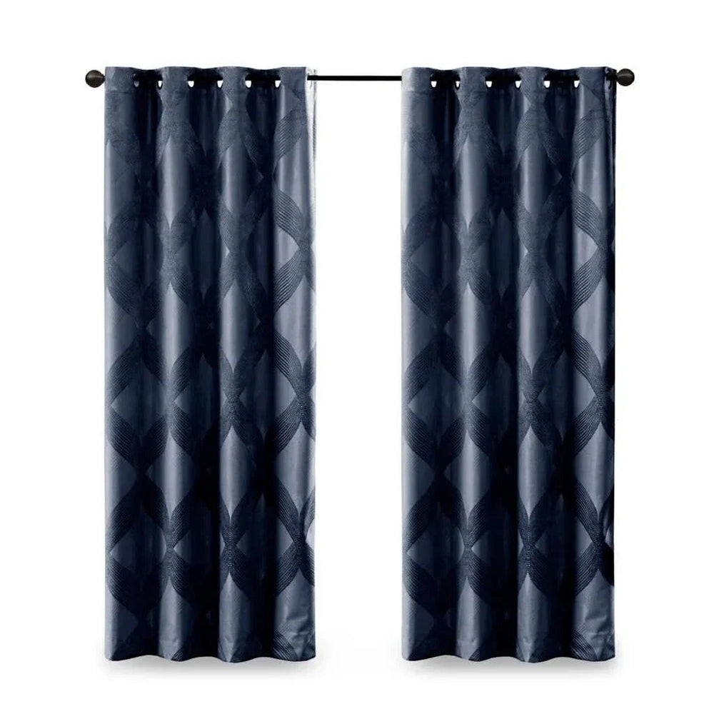 Total Blackout Curtain Panel Ogee Jacquard Polyester Navy Light Blocking Media 2
