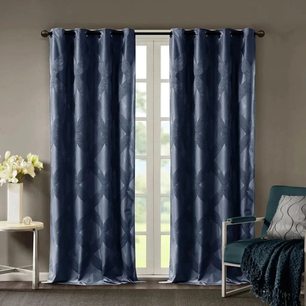 Total Blackout Curtain Panel Ogee Jacquard Polyester Navy Light Blocking Media 6