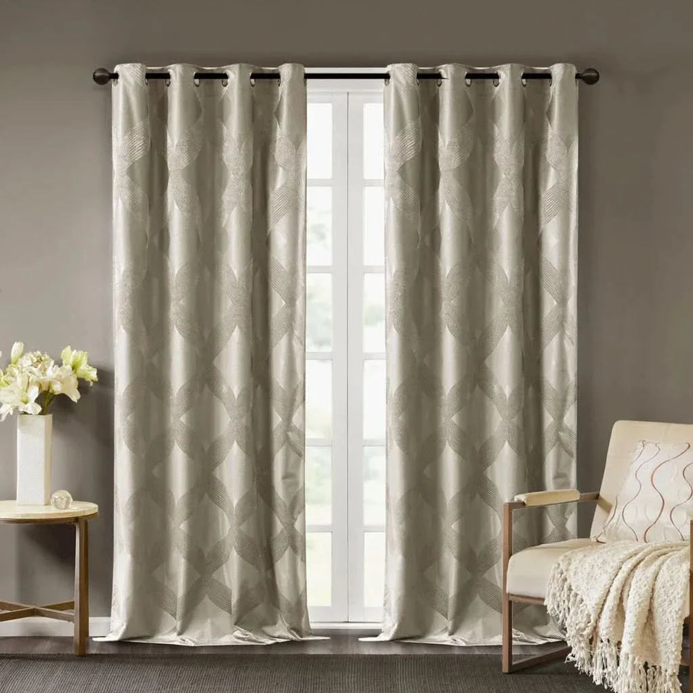 Total Blackout Curtain Panel Ogee Jacquard Polyester Sunsmart Taupe Media 16