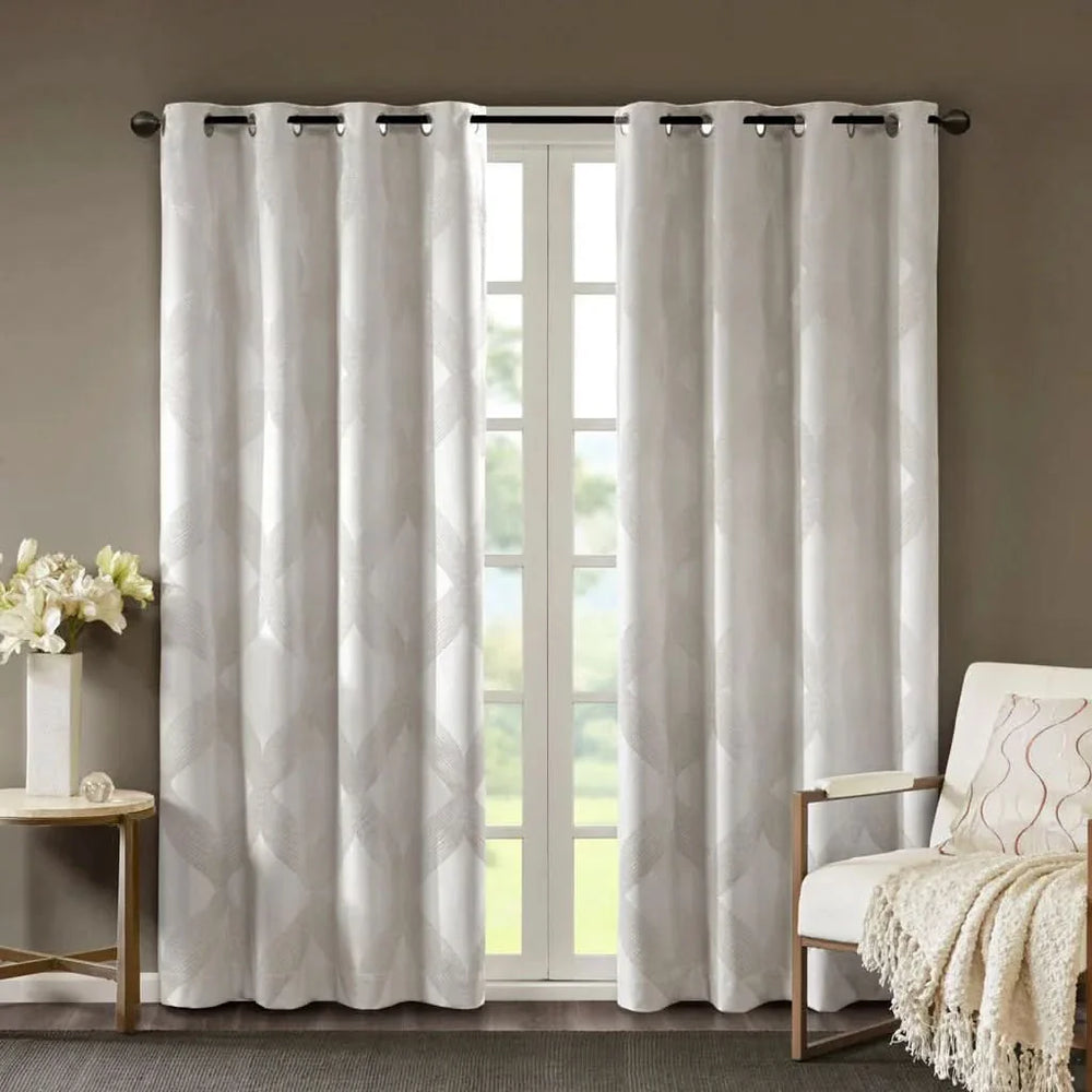 Total Blackout Curtain Panel & Ogee Jacquard Polyester Ivory SunSmart Media 1