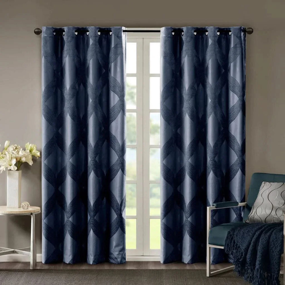 Total Blackout Curtain Panel Ogee Jacquard Polyester Navy Light Blocking Media 1