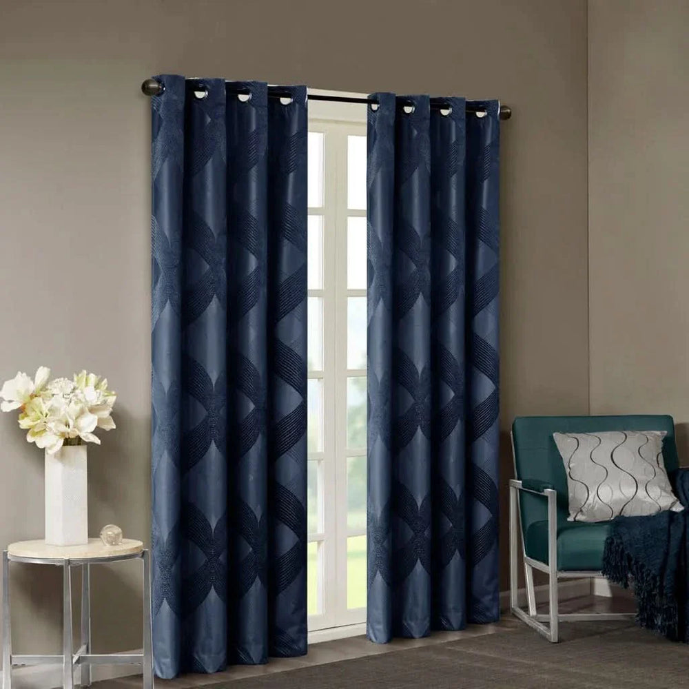 Total Blackout Curtain Panel Ogee Jacquard Polyester Navy Light Blocking Media 4