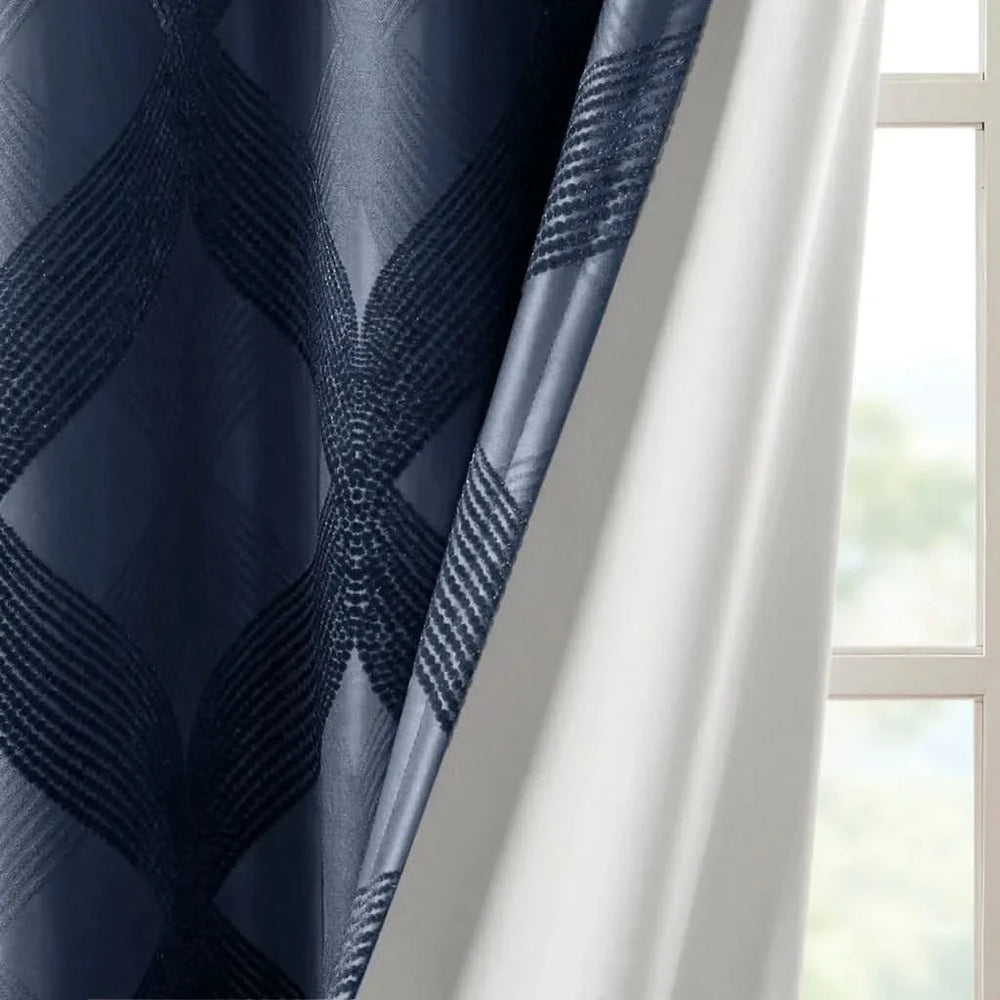 Total Blackout Curtain Panel Ogee Jacquard Polyester Navy Light Blocking Media 16
