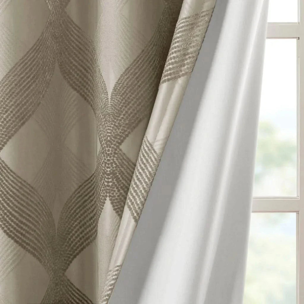 Total Blackout Curtain Panel Ogee Jacquard Polyester Sunsmart Taupe Media 9