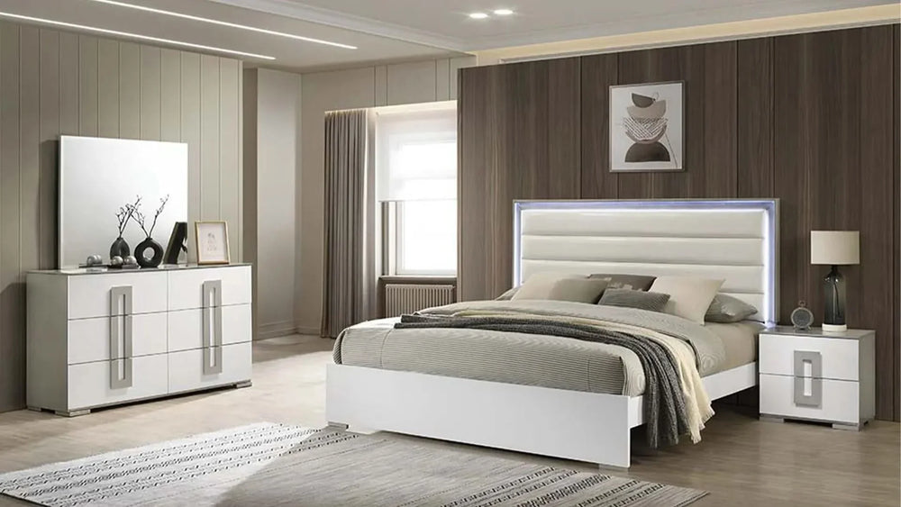 Queen Bedroom Set Wood With LED Headboard 4 Piece Contemporary Style Media 1