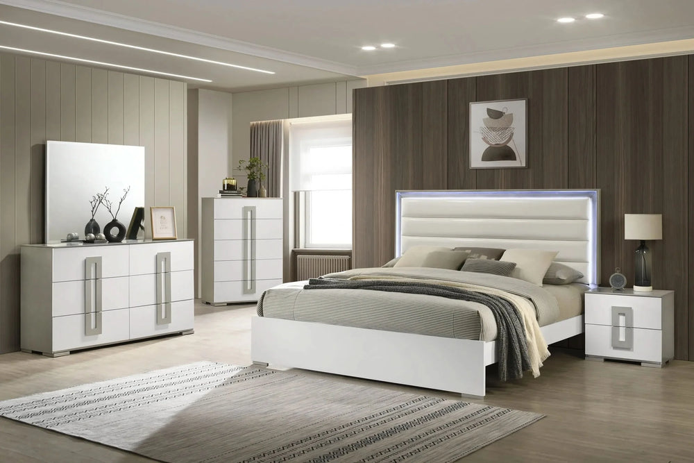 Olivia Contemporary Style 5 Pc Queen Bedroom Set with LED Headboard Made with Wood in White - DTY Store